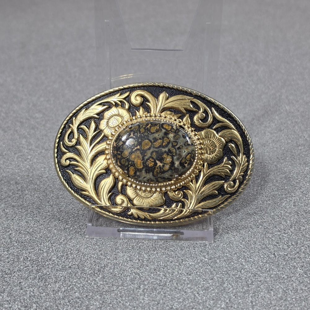 Belt Buckle gold Leopard Jasper Excellent Floral Western‎